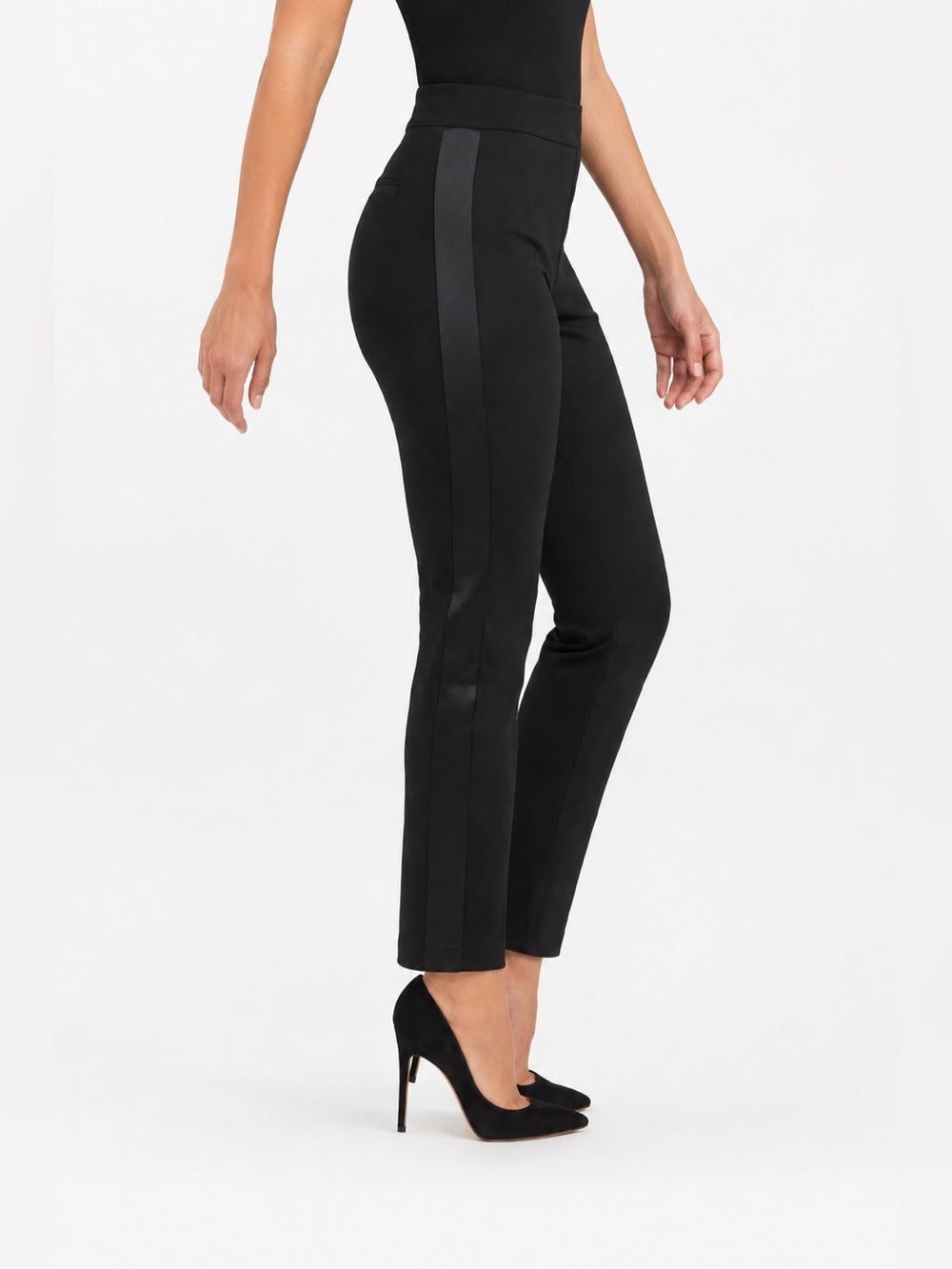 SPANX Black High-Waist Ankle Ponte Pants with Satin Side Stripe Size M